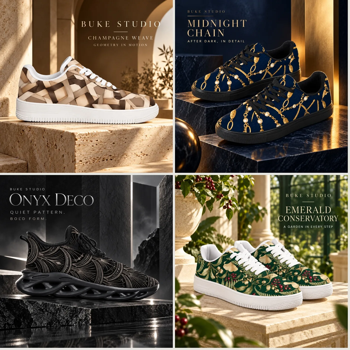 All four BUKE print designs: Champagne Weave, Midnight Chain, Onyx Deco and Emerald Conservatory