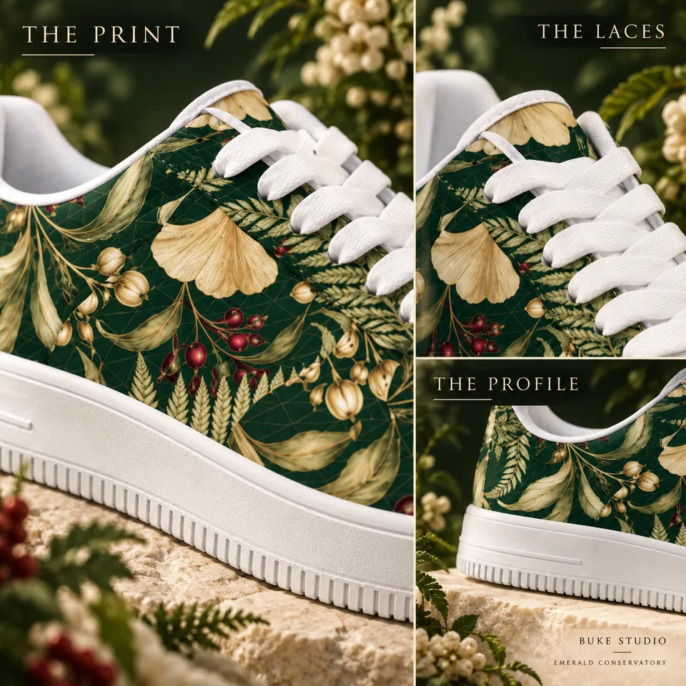 Emerald Conservatory print and material details in a styled scene