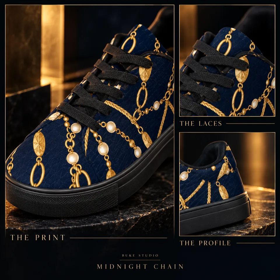 Midnight Chain print and material details in a styled scene